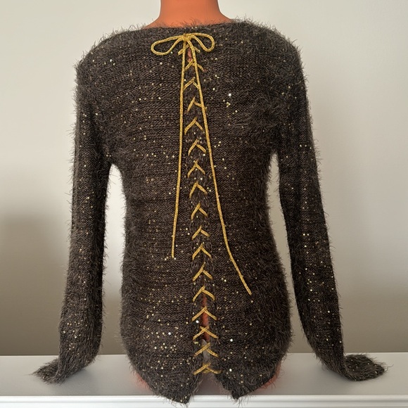 NUAGE Sequin Knit Lace-up Sweater in Brown/Gold size Small - Picture 2 of 4
